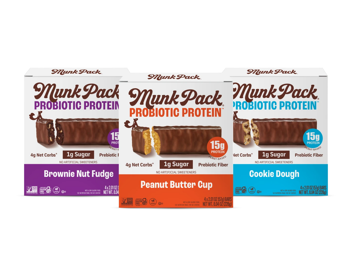 Munk Pack Probiotic Protein Bars boxes: Brownie Nut Fudge, Peanut Butter Cup and Cookie Dough