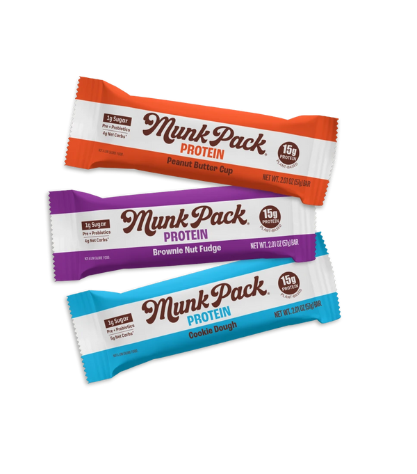 Munk Pack Probiotic Protein Bar wrappers: Peanut Butter Cup, Brownie Nut Fudge and Cookie Dough