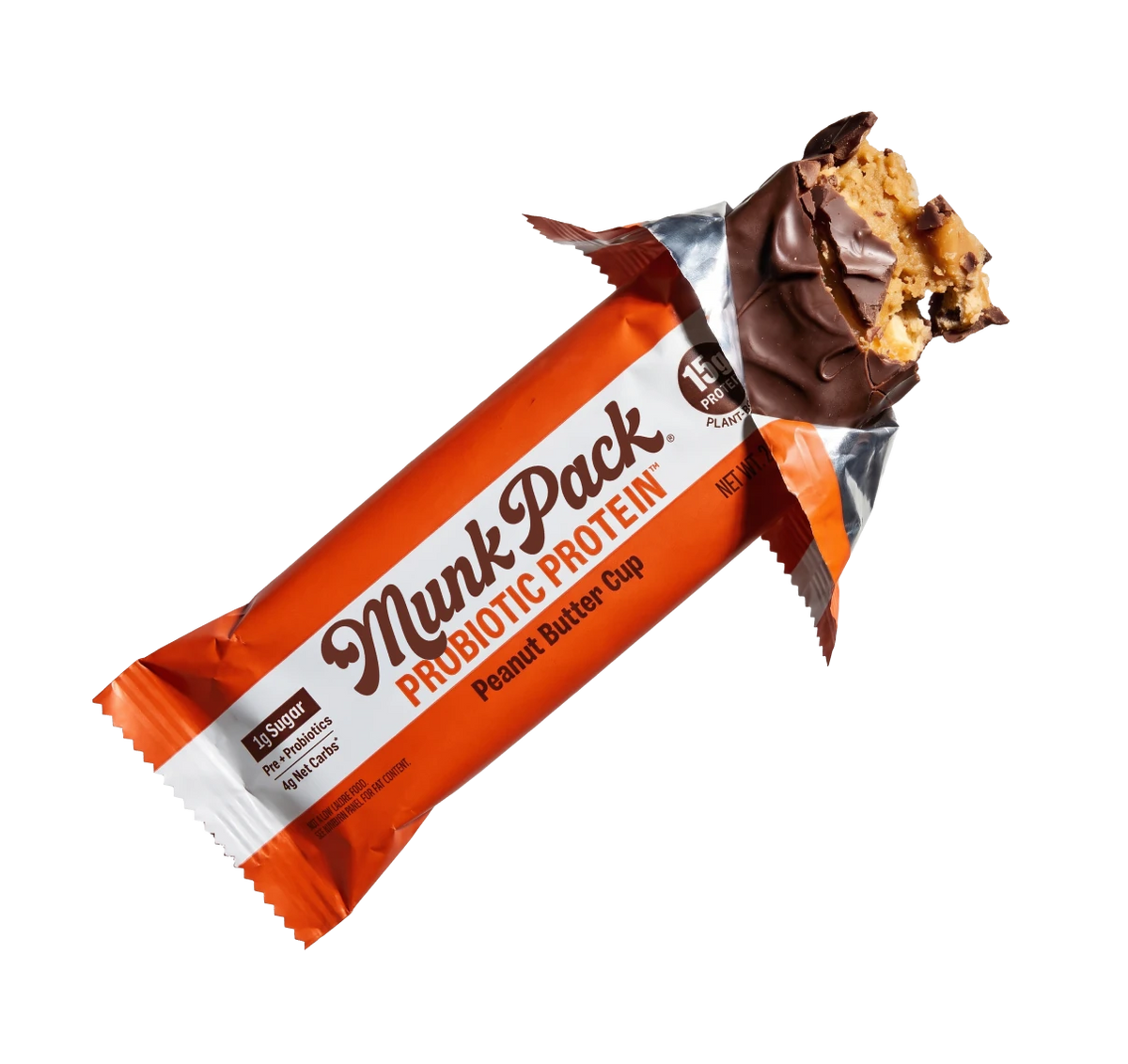 Munk Pack Peanut Butter Cup Probiotic Protein Bar, unwrapped